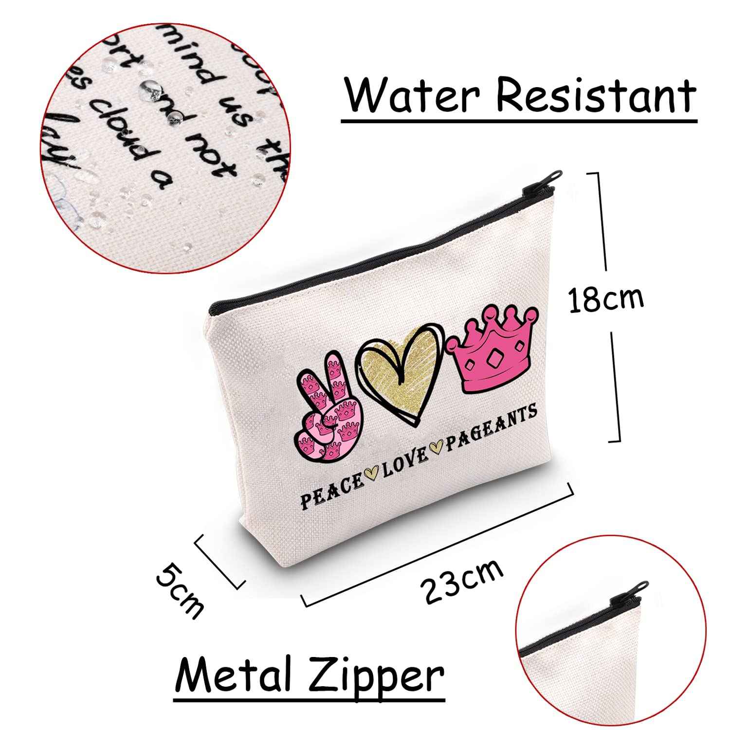 JXGZSO Pageant Queen Gift Beauty Pageant Gift Pageant Crown Cosmetic Bag Peace Love Pageant Makeup Pouch Pageant Zipper Bag