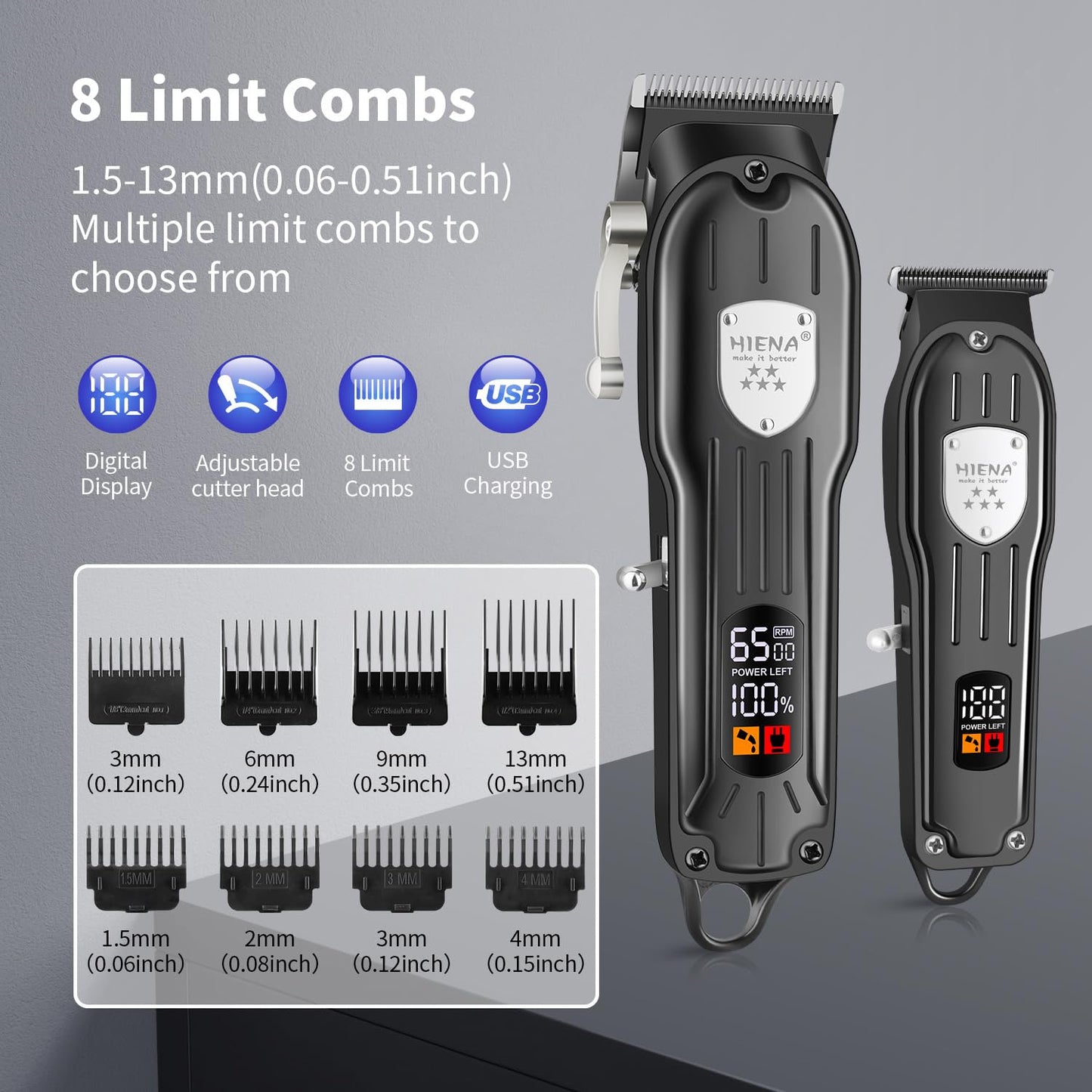 HIENA PRO Professional Hair Clippers for Men Rechargeable Barber Clippers & Trimmers Set, Hair Clippers Set Cordless Hair Clippers Kit with LCD Display, Gifts for Men