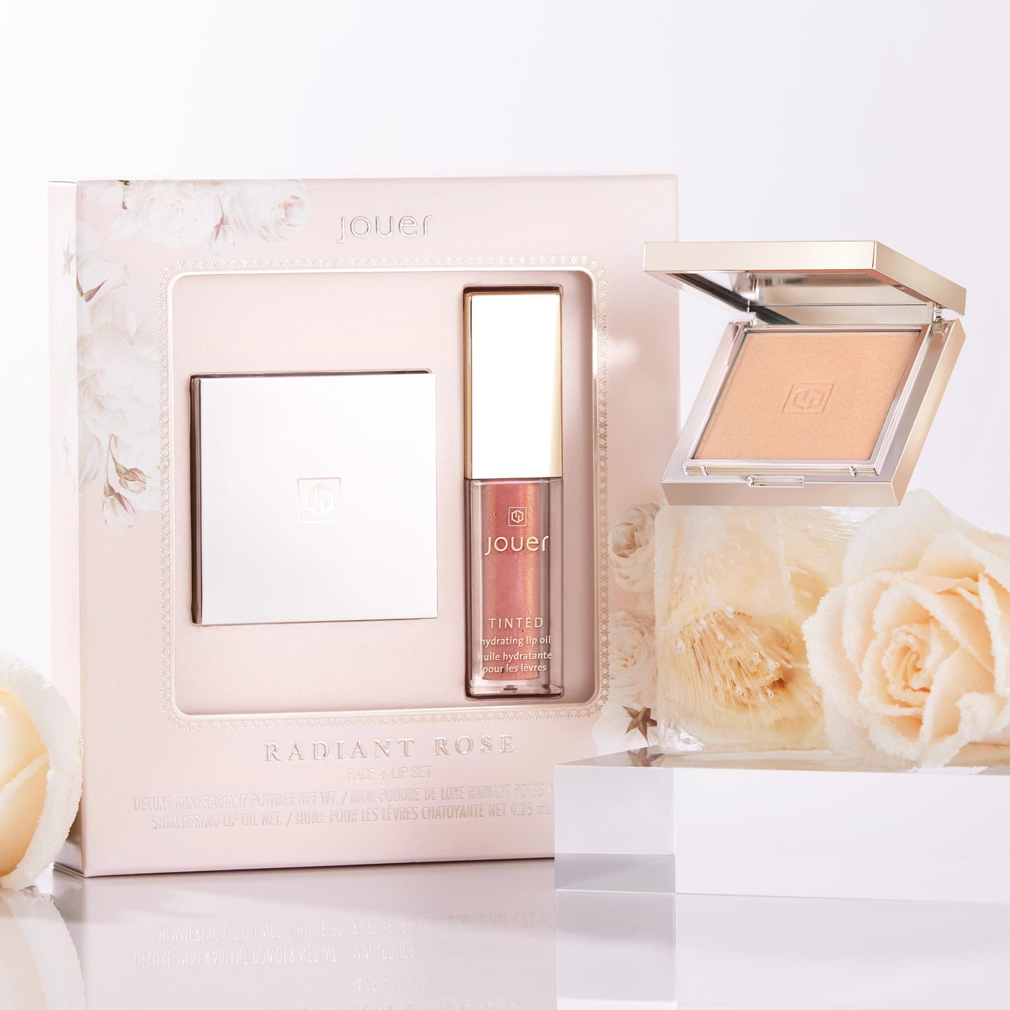 Jouer Radiant Rose Face + Lip Set, Translucent Setting Powder & Shimmer Lip Oil - Blurring Powder - Hydrating Lip Oil - Set Face Makeup