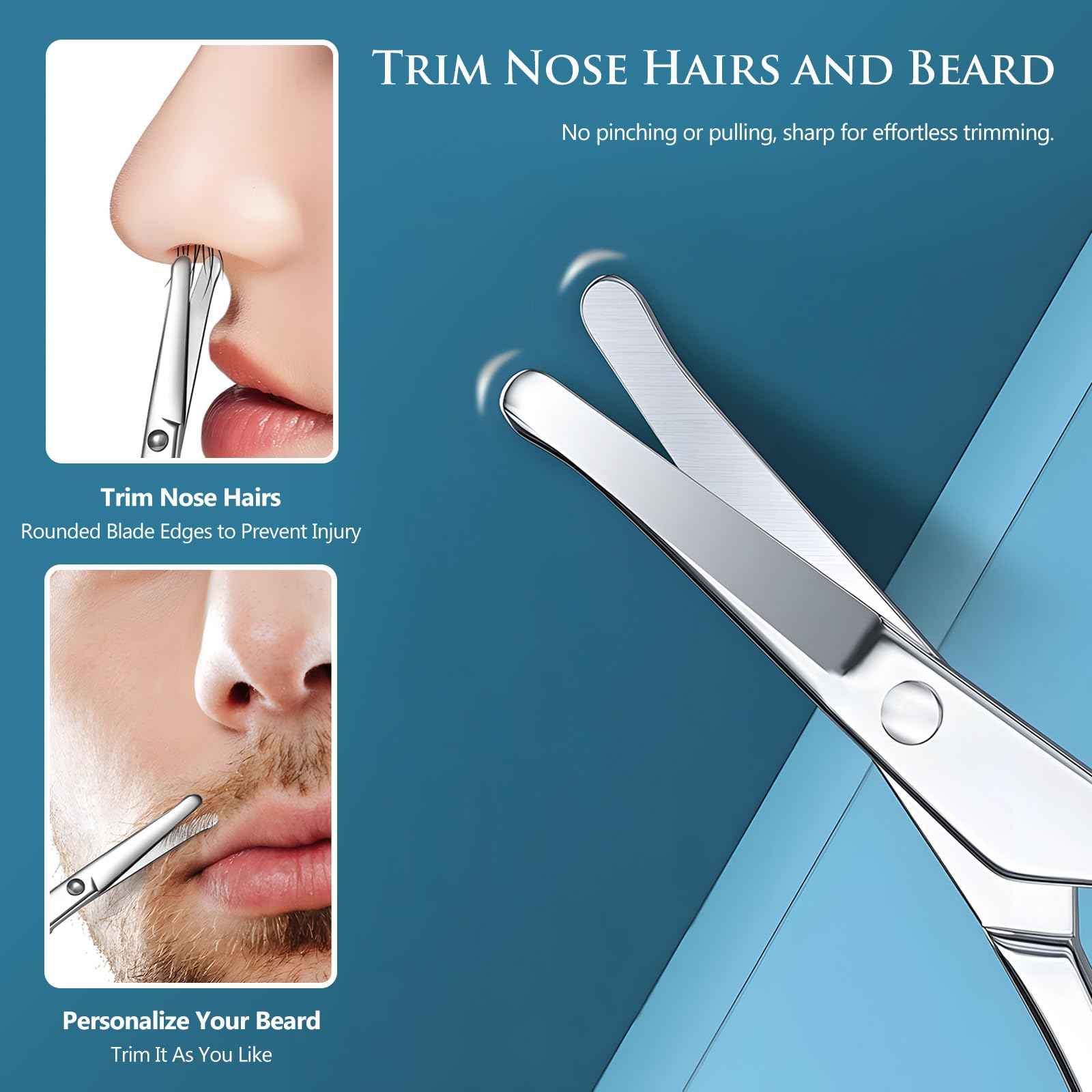 Kootinn 2Pcs Facial Hair Small Grooming Scissors For Men Women - Eyebrow, Nose Hair, Mustache, Beard, Eyelashes, Ear Trimming Kit - Curved and Rounded Safety Tip Clippers For Hair Cutting - Silver