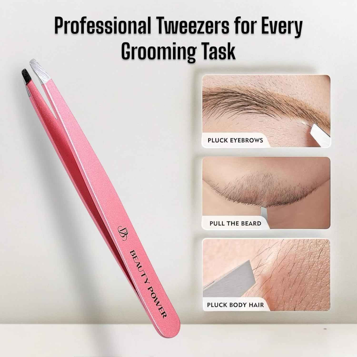 Beauty Power Professional Tweezers in Case - Slant, Durable Lightweight German Stainless Steel, Ultra Precision Tweezers for Eyebrows, Facial Hair, Chin, and Ingrown Hair Removal - Gift (Pink)