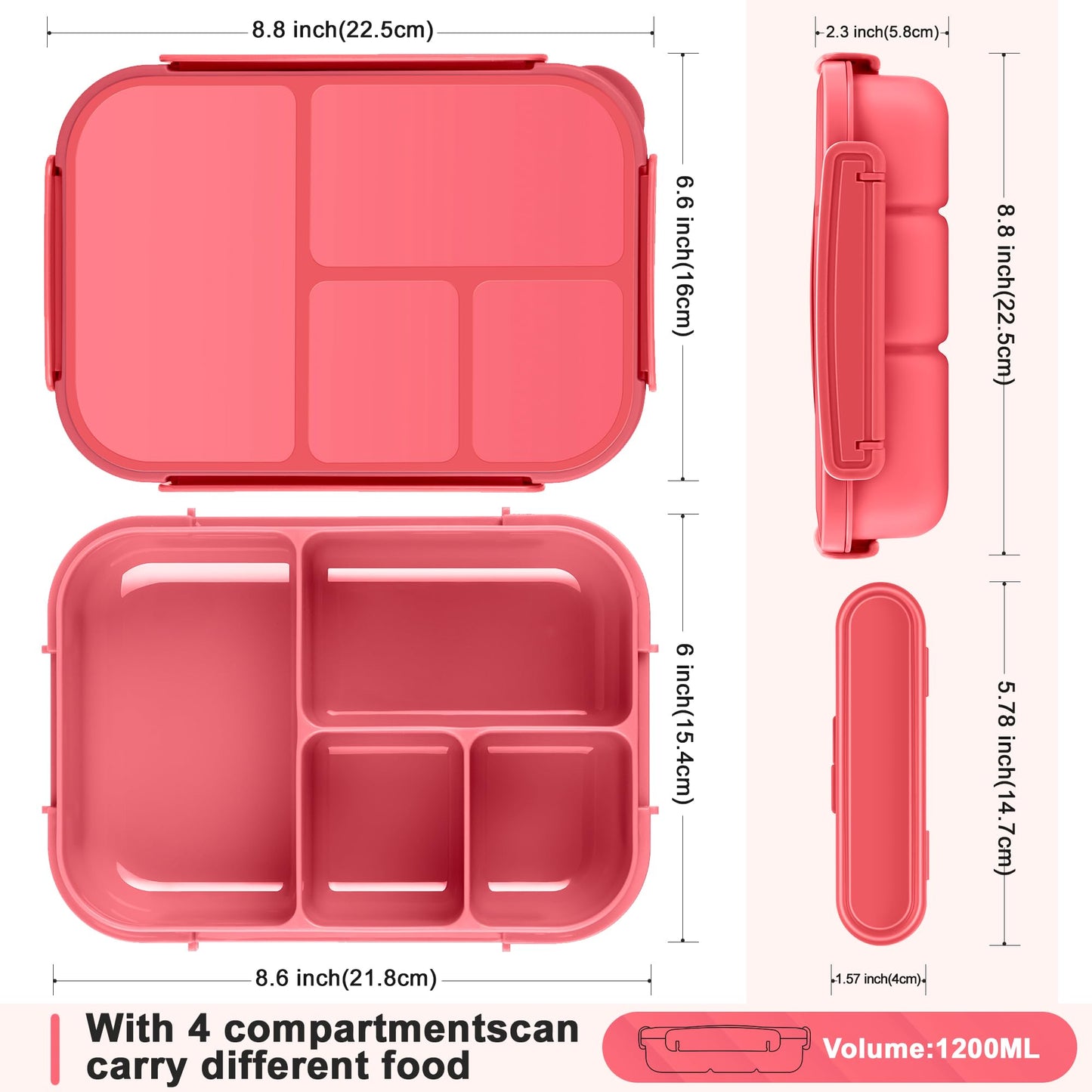 Amathley Lunch Box Kids,Bento Box Adult,Leakproof Lunch Containers for Adults/Kids/Toddler,1200ML-4 Compartments bento Lunch box with Utensil,Microwave & Dishwasher & Freezer Safe (Pink Berry)