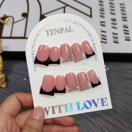 TENPAL Handmade Duck Nails Press on,Pink & Black French Tip Duckbill Tips with Rhinestone Edge,10PCS Glossy Glue on Nails Kit,Glitter Acrylic False Nails with Design,Y2K Punk Fake Nail for Women(M)