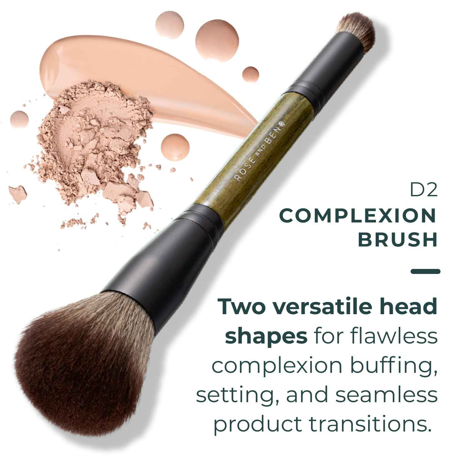 Rose and Ben Beauty D2 Concealer & Complexion Brush | Dual-Ended Design for Seamless Blending | Buffing & Setting for Cream, Liquid, and Powder Makeup | Cruelty-Free Fibers