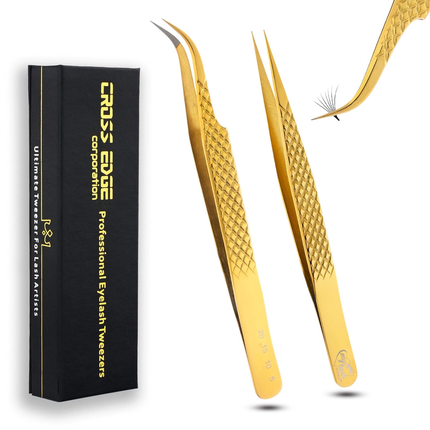 My Lash Tools - New Fiber Tip Lash Tweezers for Eyelash Extensions Tweezers SET OF 2 Mini Isolation & Microgrip Tip Curved Volume Tweezers Japanese Steel Lashing Tweezer (Gold)