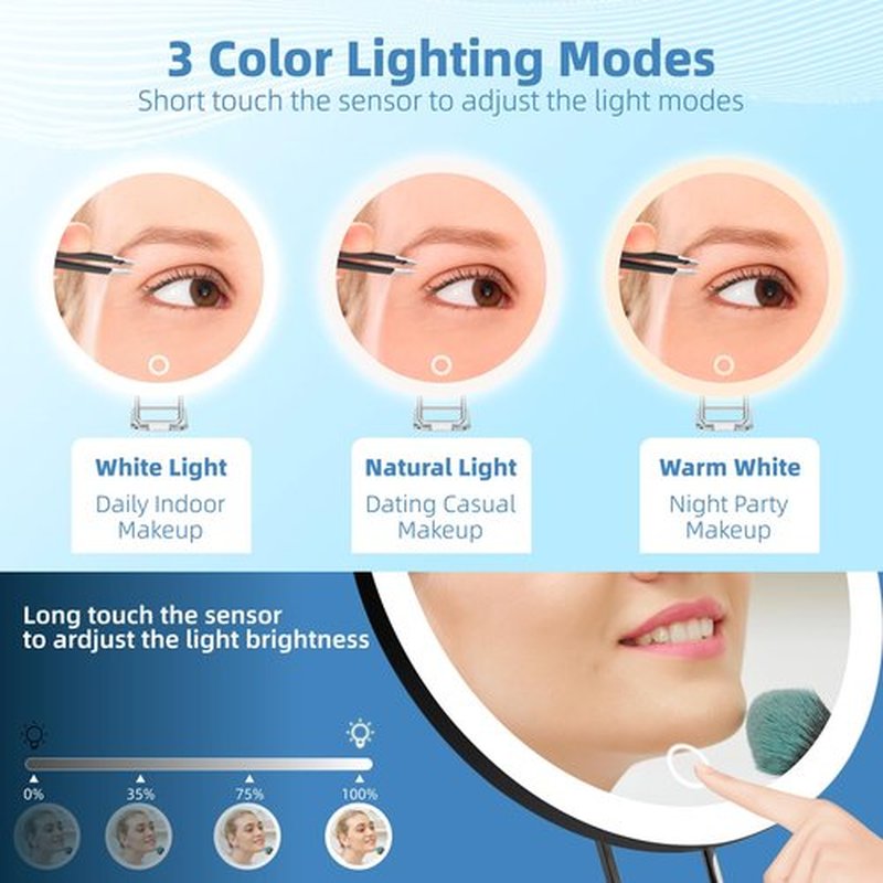 20X Magnifying Mirror with Light, 6'' Makeup Magnifying Mirror with 3 Color Lights Dimming 20x Makeup Mirror with Magnification, Lighted Travel Magnifying Mirror, 3 Suction Cups, 360° Adjustable Stand