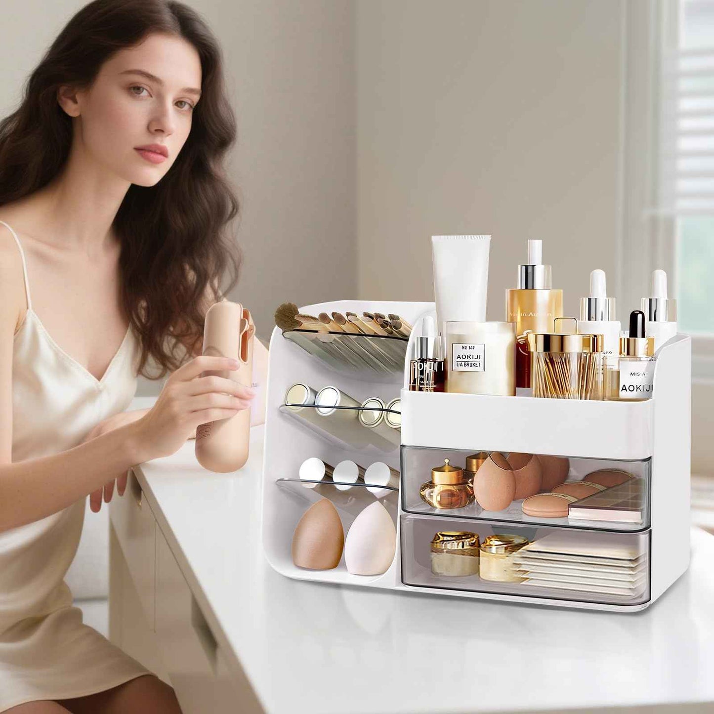 FZHZZ Makeup Organizer Countertop for Vanity, Cosmetic Organizer with Travel Makeup Brush Holder, Skincare Organizer & Storage with Drawers for Bathroom, Beauty Essentials, Eyeshadow, Lotions