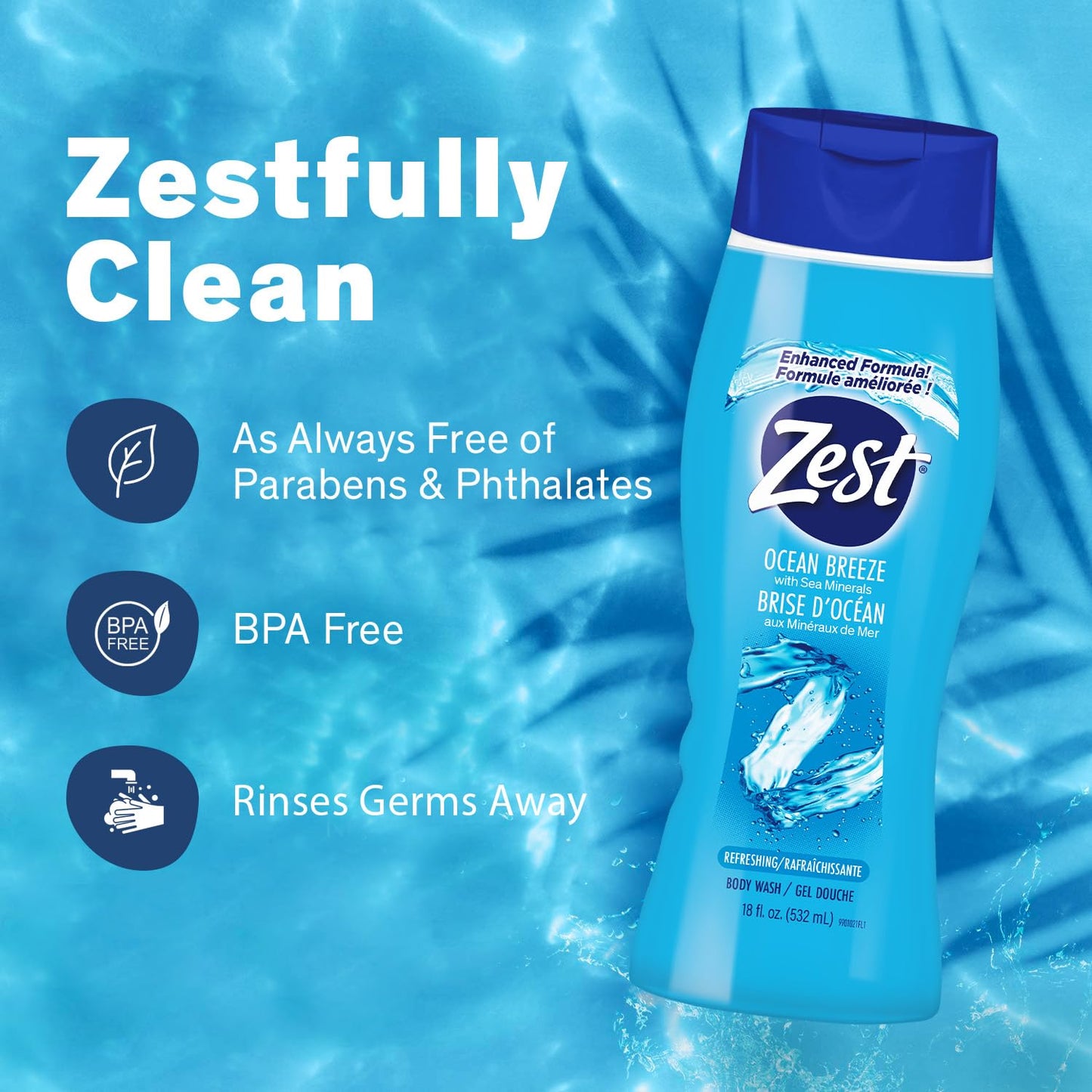 Zest Ocean Breeze Body Wash - Enriched with Sea Minerals - Rich Lathering Cleansing Body Wash Leaves Your Skin Feeling Smooth and Moisturized With an Invigorating Scent, 18 Fl Oz (Pack of 6)