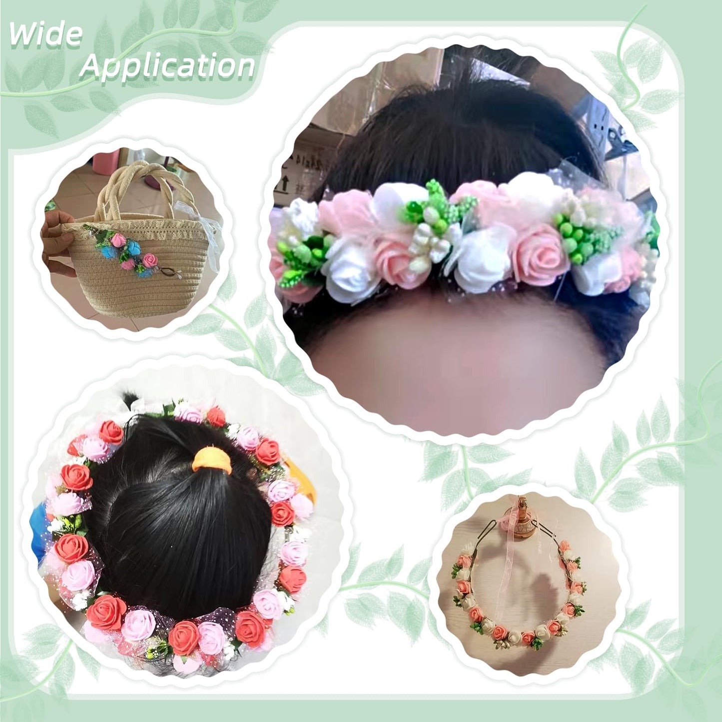 silllule Green Flower Crown Headband Wristband Floral Headpiece for Cosplay Party Spring Flower Crown Headwear Floral Hair Wreath Wristband Boho Headband Garland for Festival Wedding Photo Props