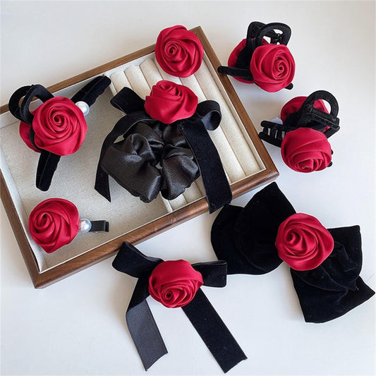 8 PCS Rose Hair Claws Hairpin Brooch Set Red Silk Floral Bow Clips Hair Rope Clamps Barrettes Clamps Hair Accessories for Women Girls 072