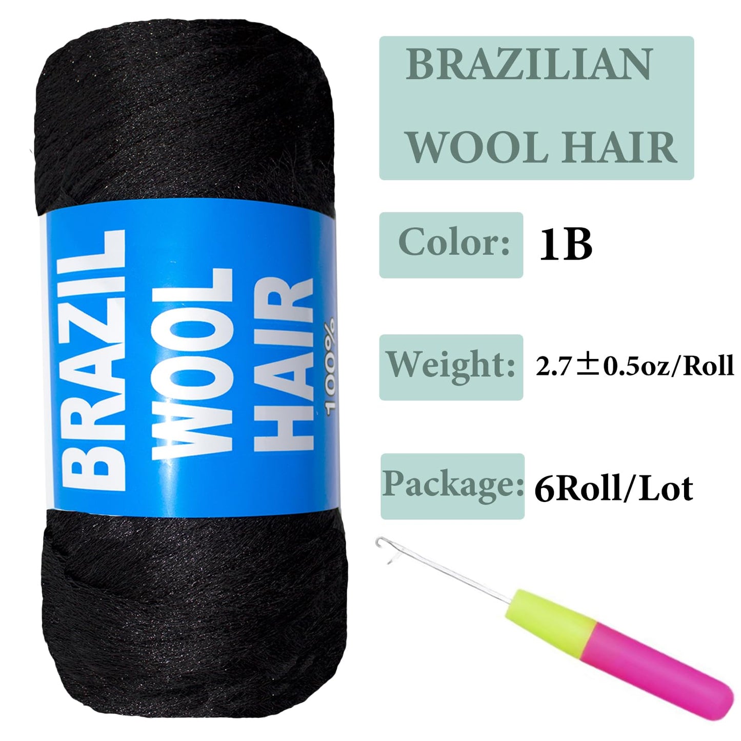 6 Roll Natural Black Brazilian Wool Hair Yarn for Jumbo Braids Braiding Hair for Soft Faux Locs Goddess Locs Hair Extension Senegalese Twist Crochet Hair for Black Women(1B, Natural Black)