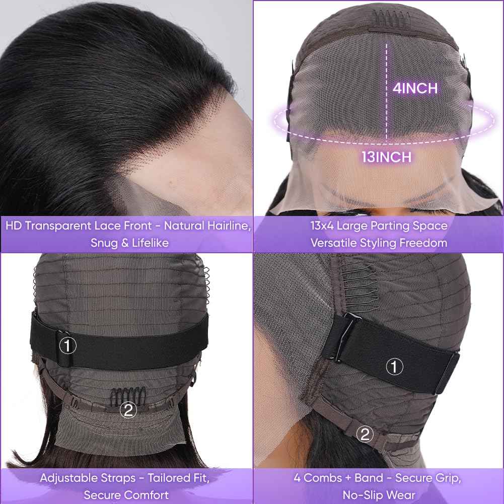 Bob Wig Human Hair Straight 13X4 Lace Front Wig Human Hair 150% Density Short Straight Frontal Bob Wig 13x4 HD Transparent Lace Frontal wig Pre Plucked With Baby Hair Free Part Natural black 08 Inch