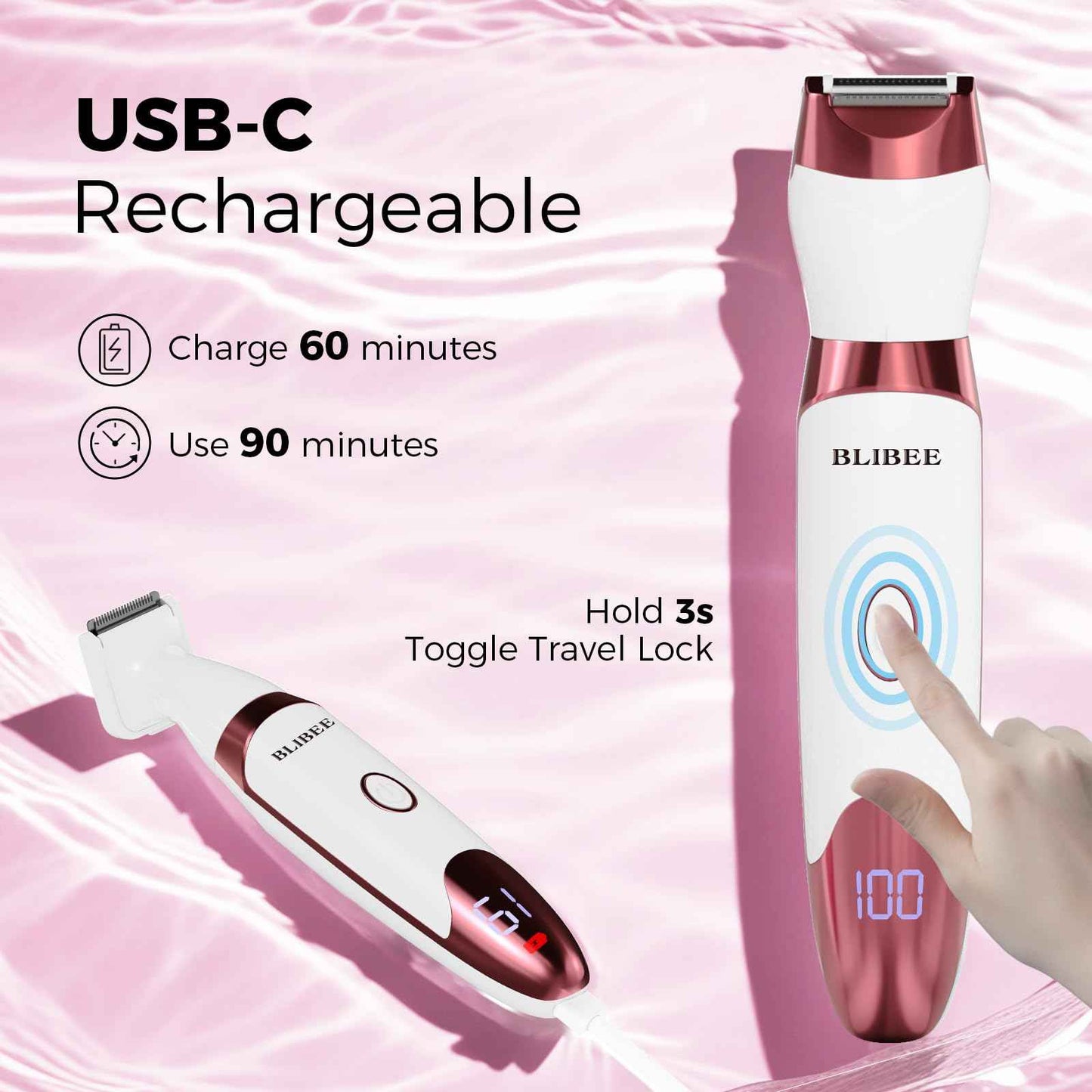 BLIBEE Bikini Trimmer for Women, LED Display Electric Razors for Women, 5-in-1 Electric Shaver, Rechargeable Painless Pubic Hair Trimmer for Legs, Underarms, Face & Sensitive Skin (Purple)