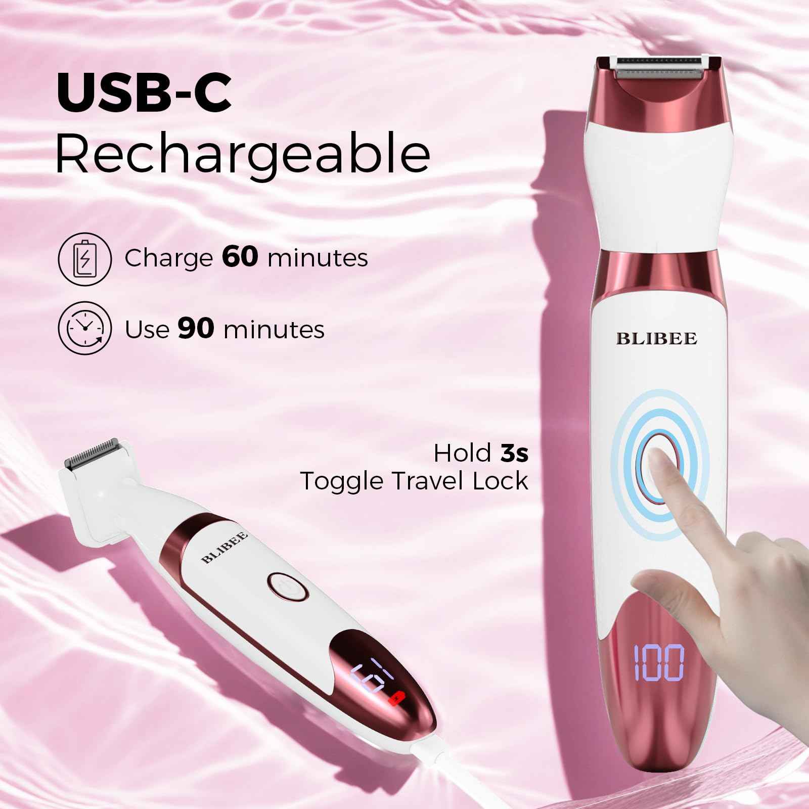 BLIBEE Bikini Trimmer for Women, LED Display Electric Razors for Women, 5-in-1 Electric Shaver, Rechargeable Painless Pubic Hair Trimmer for Legs, Underarms, Face & Sensitive Skin (Purple)