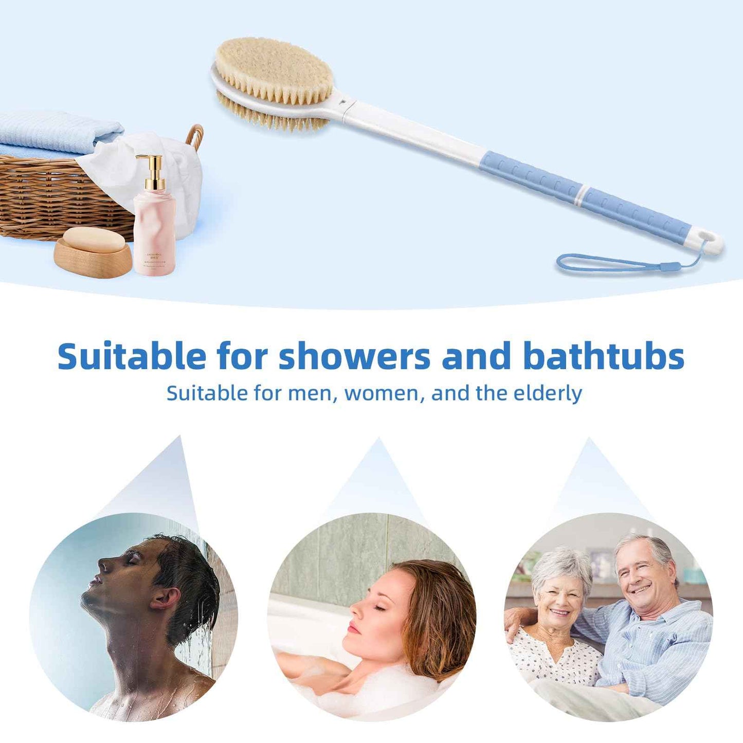 Bath Brush Long Handle for Shower, Back Scrubber for Shower, Non-Slip Long Handled Shower Back Brush, Shower Brush for Cleaning Body Exfoliate (Blue)