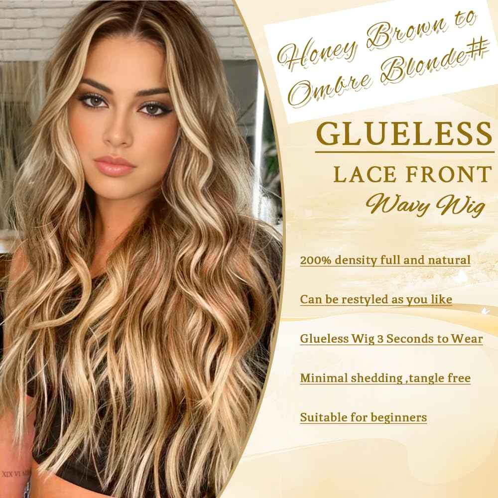 ShowCoco Long Brown to Ombre Blonde Wigs for Women 26 Inch Highlights Blonde Wig Natural Middle Part Synthetic Wavy Hair Heat Resistant Fiber Hair Replacement Wigs for Daily Party 3 Seconds to Wear