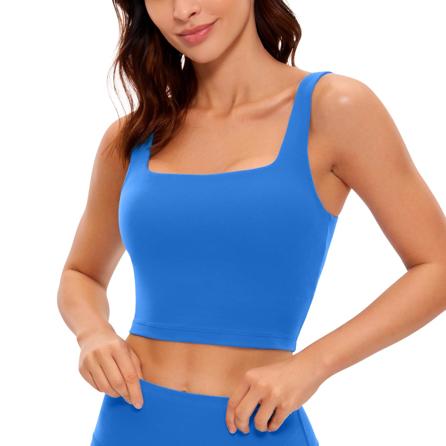 CRZ YOGA Butterluxe Womens Square Neck Longline Sports Bra - Workout Crop Tank Tops Padded with Built in Shelf Yoga Bra Sparkle Blue Large