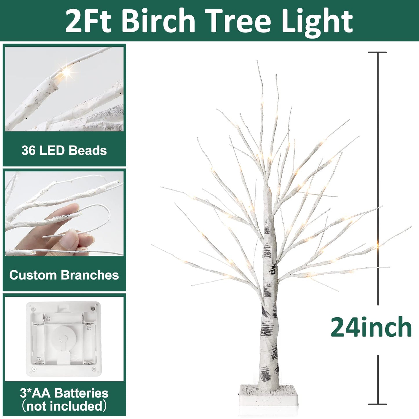 Set of 2- FastDeng Birch Tree Lighted, 2FT 36 LED Warm White Lights, Battery Powered Timing Tabletop Bonsai Tree Light for Home Bedroom Holiday Wedding Party Indoor Decoration