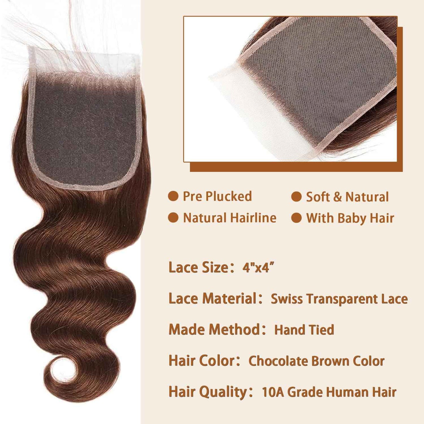 Chocolate Brown Lace Front Closure 4x4 Human Hair 20 Inch Body Wave Transparent Lace High Density Pre Plucked Baby Hair Light Brown Unprocessed Brazilian Virgin Human Hair