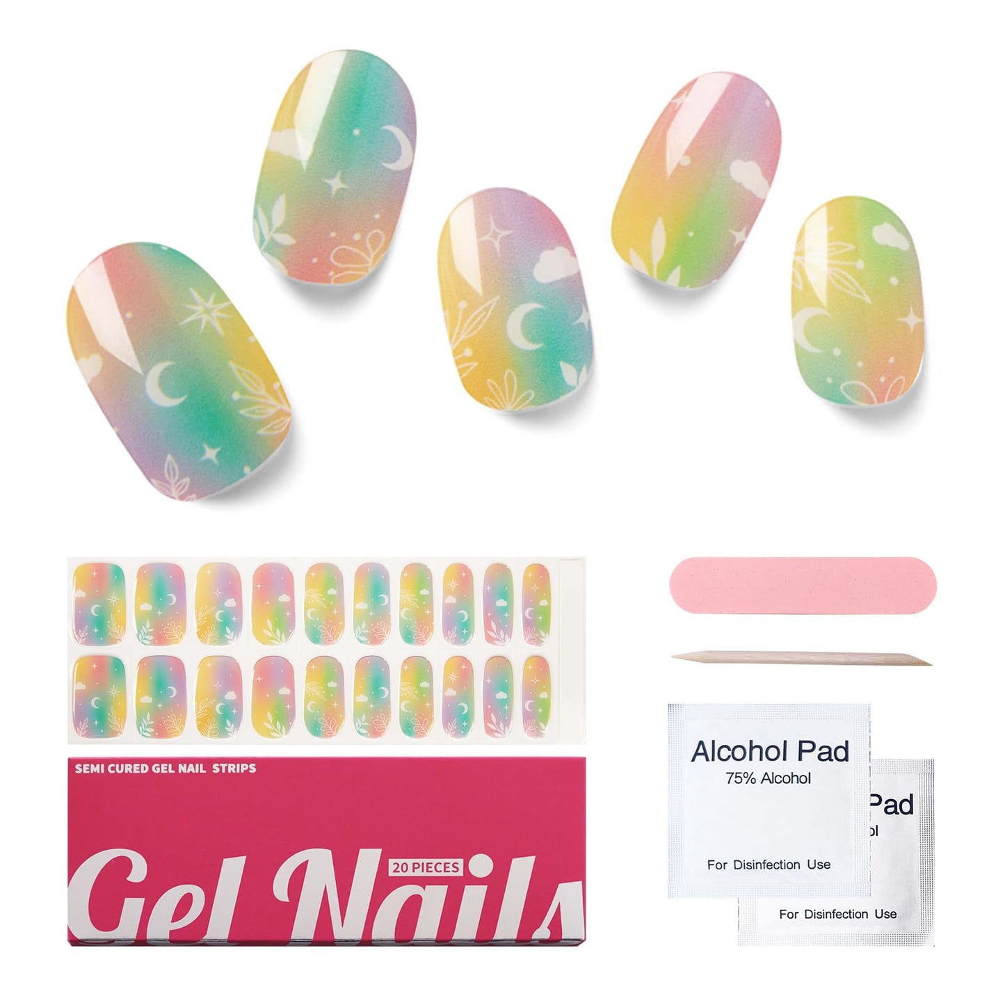 Nelikoo Semi Cured Gel Nail Strips, 20 PCS Gel Nail Stickers Work with UV Light, Gel Nail Wraps, Salon Quality & Easy to Use - Alice's Dream