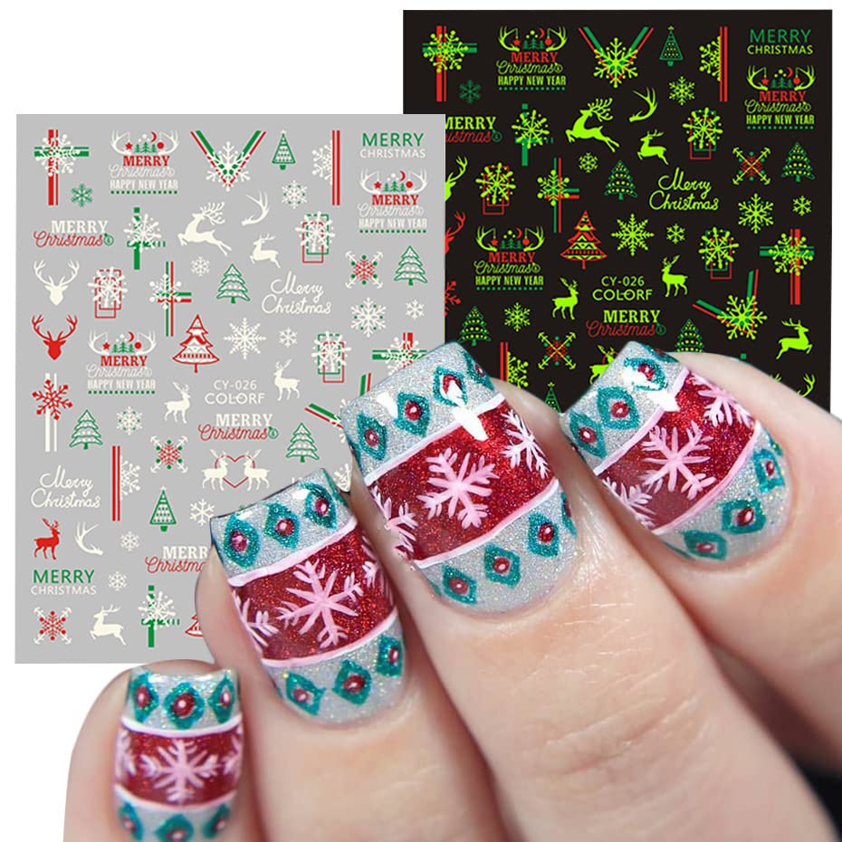 6 Sheets Party Luminous Nail Art Stickers, Santa Claus Snowman Christmas Tree Elk Ghost Snake Spider Web Skull & Crossbones Glow in The Dark Nails Decals, Christmas Eve Festival Holiday Nail Charms