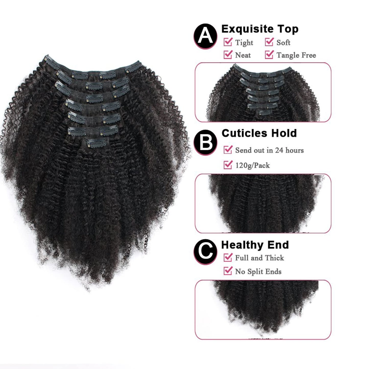 oylove Kabadu Brazilian Afro Kinky Curly Clip In Human Hair For Black Women Hair Extension 8pcs 120g/set 4B 4C Virgin Human Hair Clip Ins for African American Natural Black Color 12 Inch