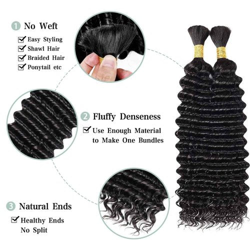20 Inch Human Braiding Hair 150g 3 Bundles/Pack Deep Wave Bulk Human Hair for Braiding Brazilian Virgin Human Hair Bundles Wet and Wavy Bundles No Weft Curly Human Hair Extensions Natural Black