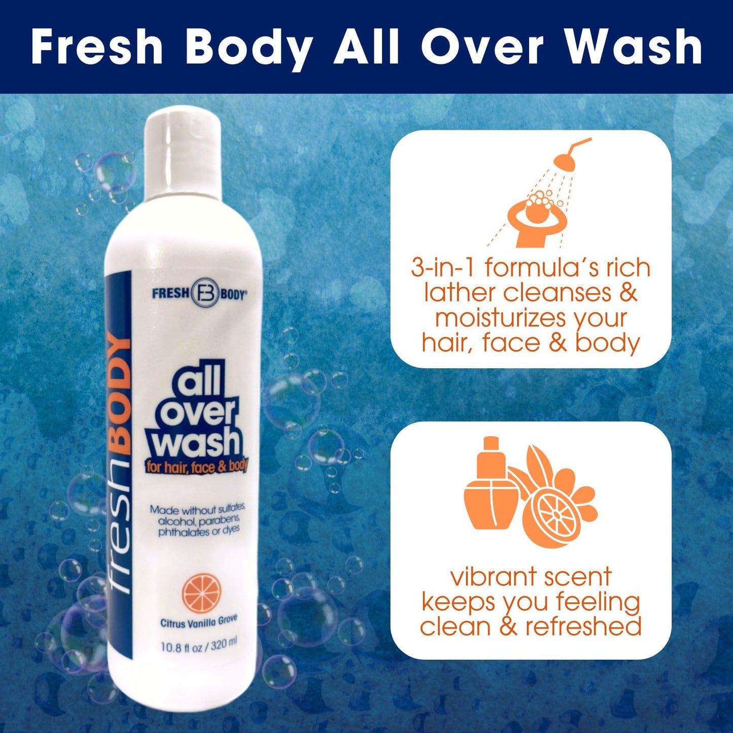 Fresh Body FB All Over Wash for Hair, Face & Body - Citrus Vanilla Grove, 3.4oz (3 Pack) Travel Size Body Wash for Men & Women, No Alcohol, Sulfates, Dyes or Parabens