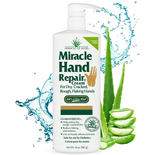 Miracle of Aloe Miracle Hand Repair Cream 32 oz Healing Aloe Vera Lotion for Dry, Cracked Hands with 60% Ultra Aloe Gel - Moisturizes, Softens, and Repairs - Non-Greasy, Lightly Scented