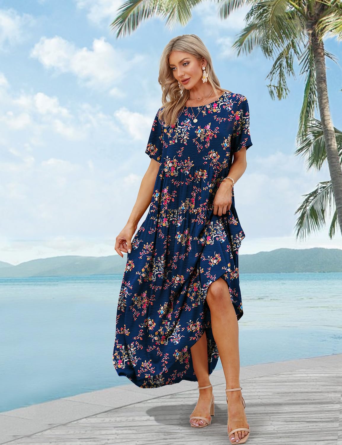 YESNO Women Casual Loose Bohemian Floral Dress with Pockets Short Sleeve Long Maxi Summer Beach Swing Dress S EJF CR30 Blue