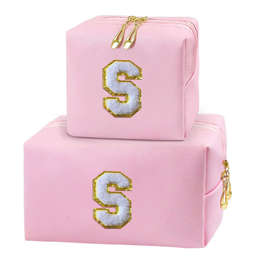 COSHAYSOO Initial Makeup Bag Set of 2 Small Cosmetic Period Pouch Sanitary Napkin Storage with Monogrammed Letter Patch for Teenage Girl Sister Her Valentines Mothers Day Traveling Gift Pink S