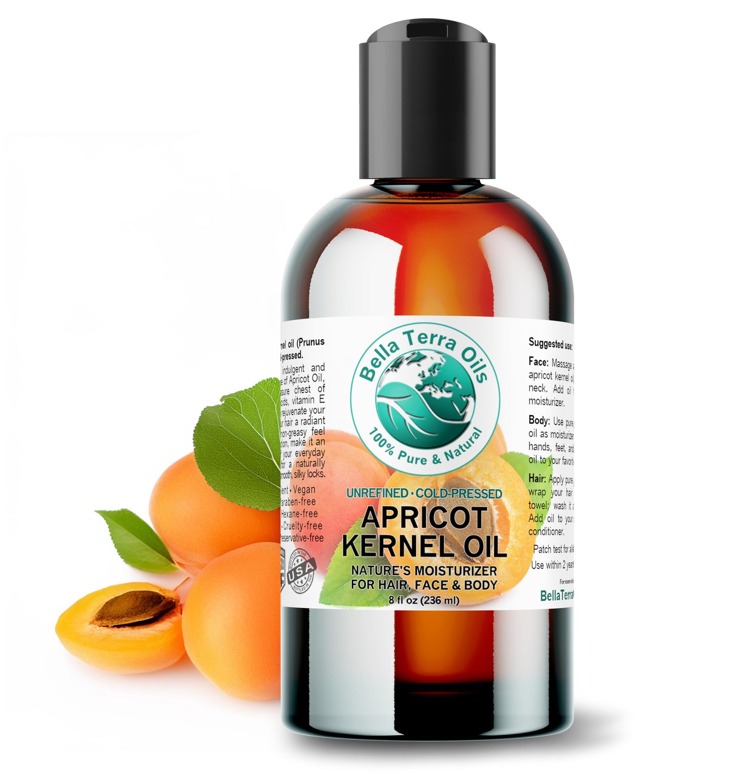 Bella Terra Oils - Organic Apricot Seed Oil 8 oz - Embrace the Bitter Organic Apricot Kernels Richness, Vitamin-Enriched, Perfect for Soothing & Moisturizing Skin