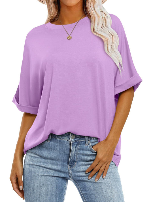 ANRABESS Women's Oversized T Shirts Short Sleeve Crewneck Summer Tops Casual Loose Basic Tee Shirts 2024 Trendy Clothes Lilac Small