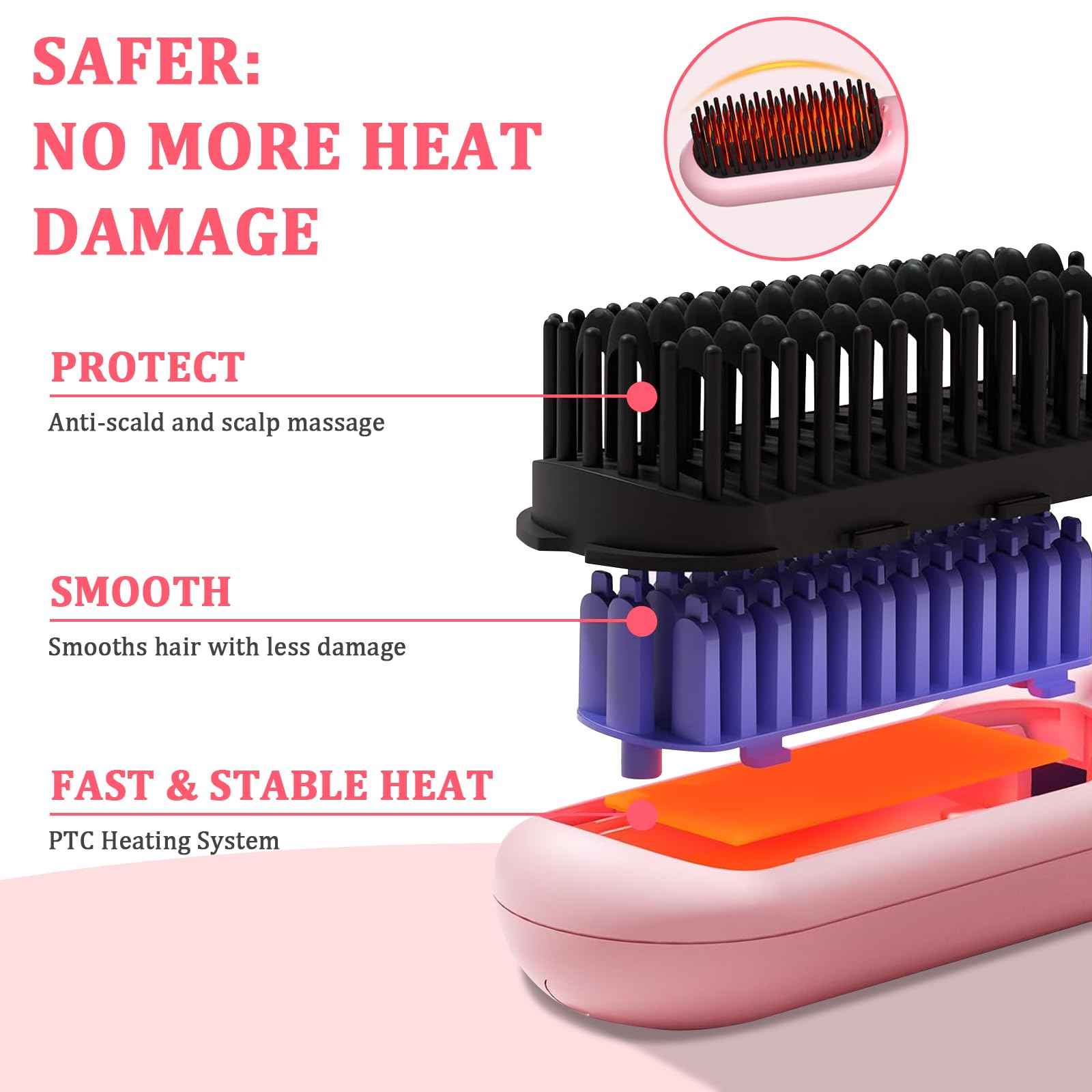 Cordless Hair Straightener Brush - Portable Hair Brush for Travel - 30s Fast Heating - Portable Straightening Brush for Travel, Mini Hot Straightening Comb for Women