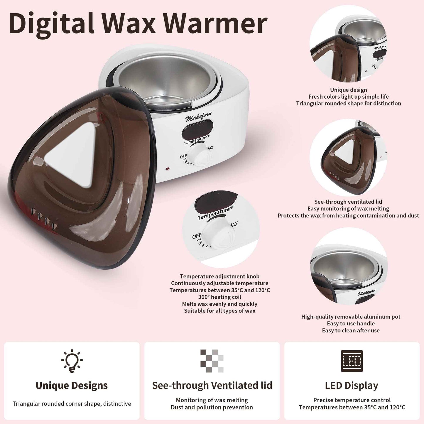 Makeforu Brazilian Waxing Kit - Bikini & Full Body Hair Removal with Digital Warmer, 4 Scented Wax Beads & 27 Silicone Tools - Home Waxing for Women & Men, Face & Body Care (White)