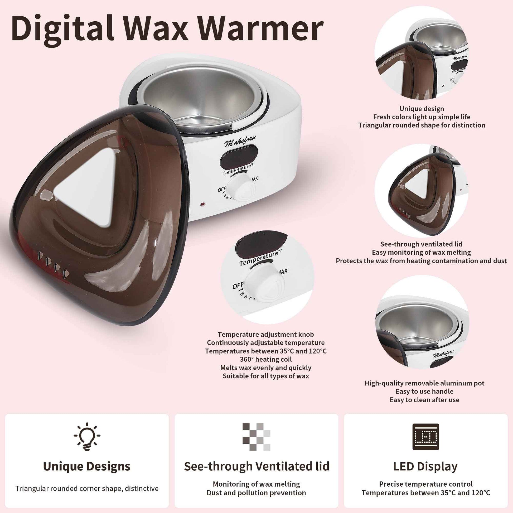 Makeforu Brazilian Waxing Kit - Bikini & Full Body Hair Removal with Digital Warmer, 4 Scented Wax Beads & 27 Silicone Tools - Home Waxing for Women & Men, Face & Body Care (White)