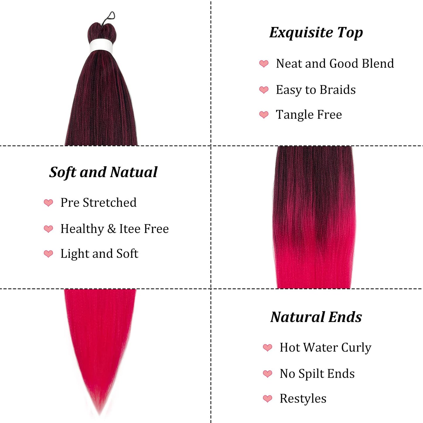 UPruyo Mixed Black Pink Braiding Hair Pre Stretched Prestretched Braiding Hair Ombre Pink Hair Extensions for Braids Synthetic Hair for Braiding Colored Kids Micro Braiding Hair (26 In 3 Packs)