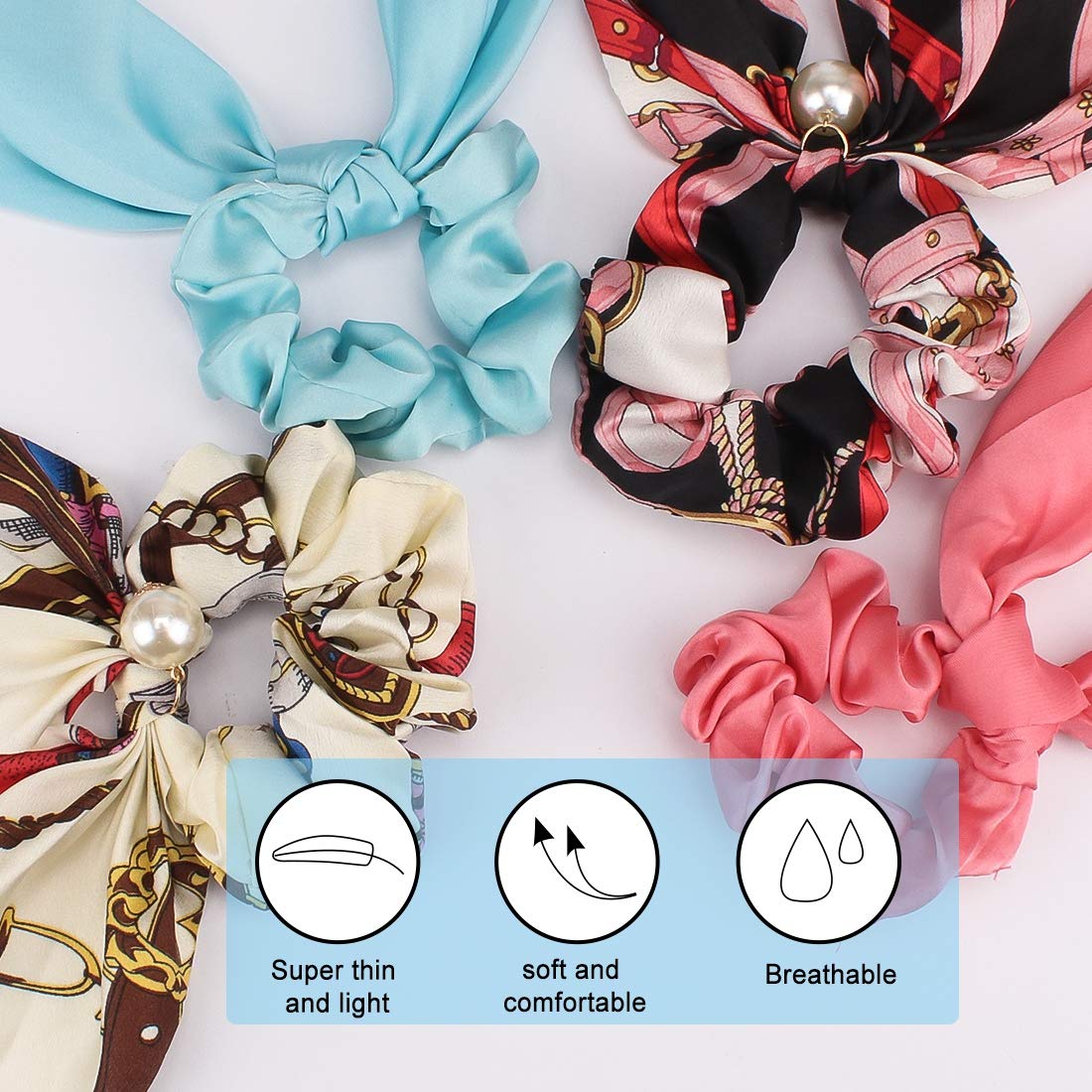 ANBALA Satin Ribbon Hair Scrunchies,10Pcs Bow Scarf Scrunchies, Thin Cold Scrunchies with Tail, Hair Ties Accessories for Girls Women Long Scrunchies Hair Scarves (5 Floral + 5 Solid Color Scrunchies)