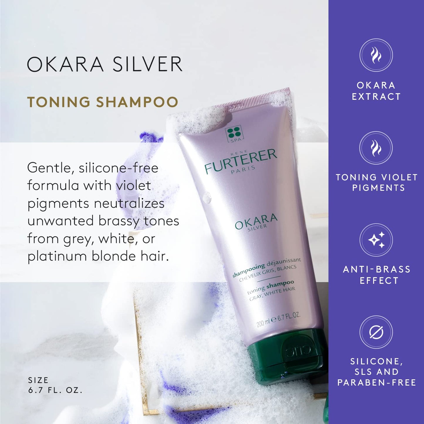 Rene Furterer OKARA SILVER Toning Shampoo, Purple Shampoo for Blonde, White, Grey, Silver, Pastel Hair, 6.7 oz.