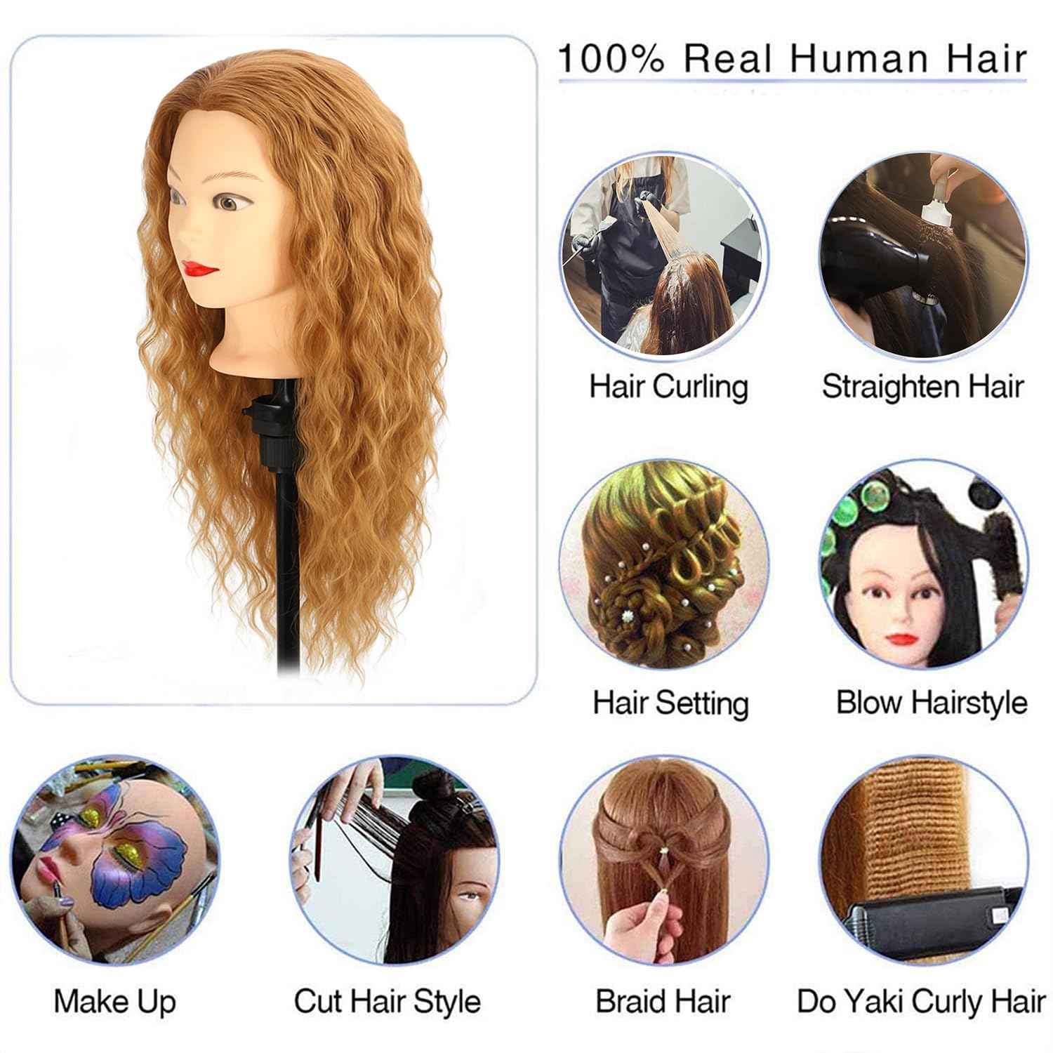 Female Mannequin Head With100% Real Hair Blonde Cosmetology Mannequin Head Hair Styling Hairdressing Practice Training Head Cosmetology Manikin Head Doll Head for Hairdresser with Clamp