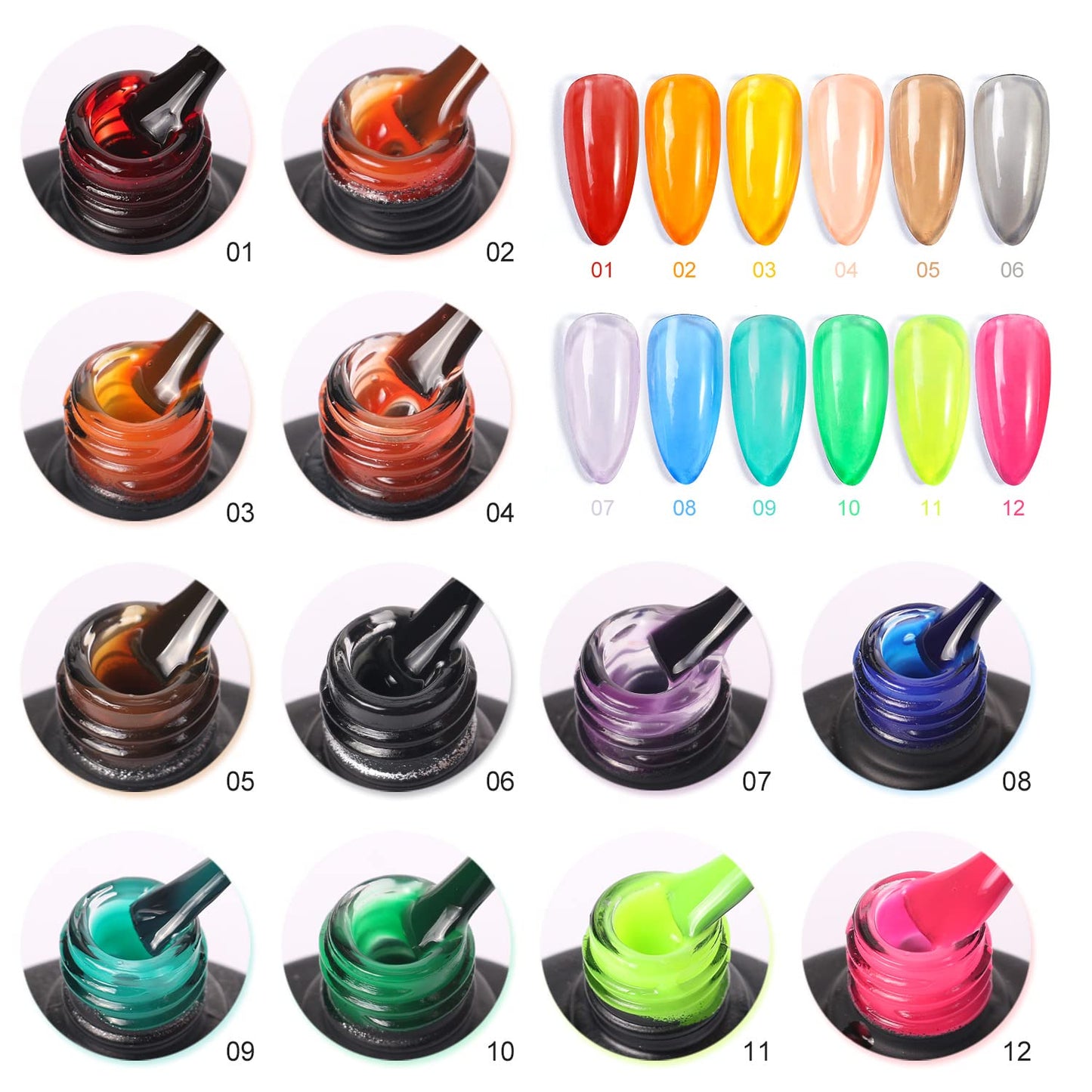 Major Dijit 12 Color Jelly Gel Nail Polish Set Blue Red Purple Rainbow Neon Yellow Green Orange Summer Crystal Glass Gel Polish Translucent Soak Off UV 8ML Nail Gel