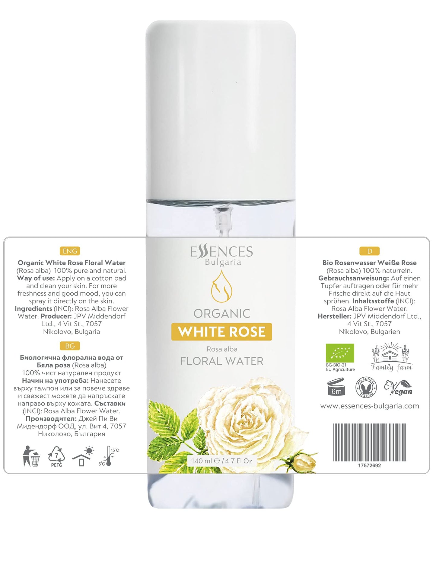 Essences Bulgaria | Organic White Rose Floral Water 4.7 Fl Oz | 140ml | Rosa alba | 100% Pure and Natural | Anti-Age Refreshing Beauty Mist | Alcohol-Free | Makeup Remover | Hydrating | Vegan