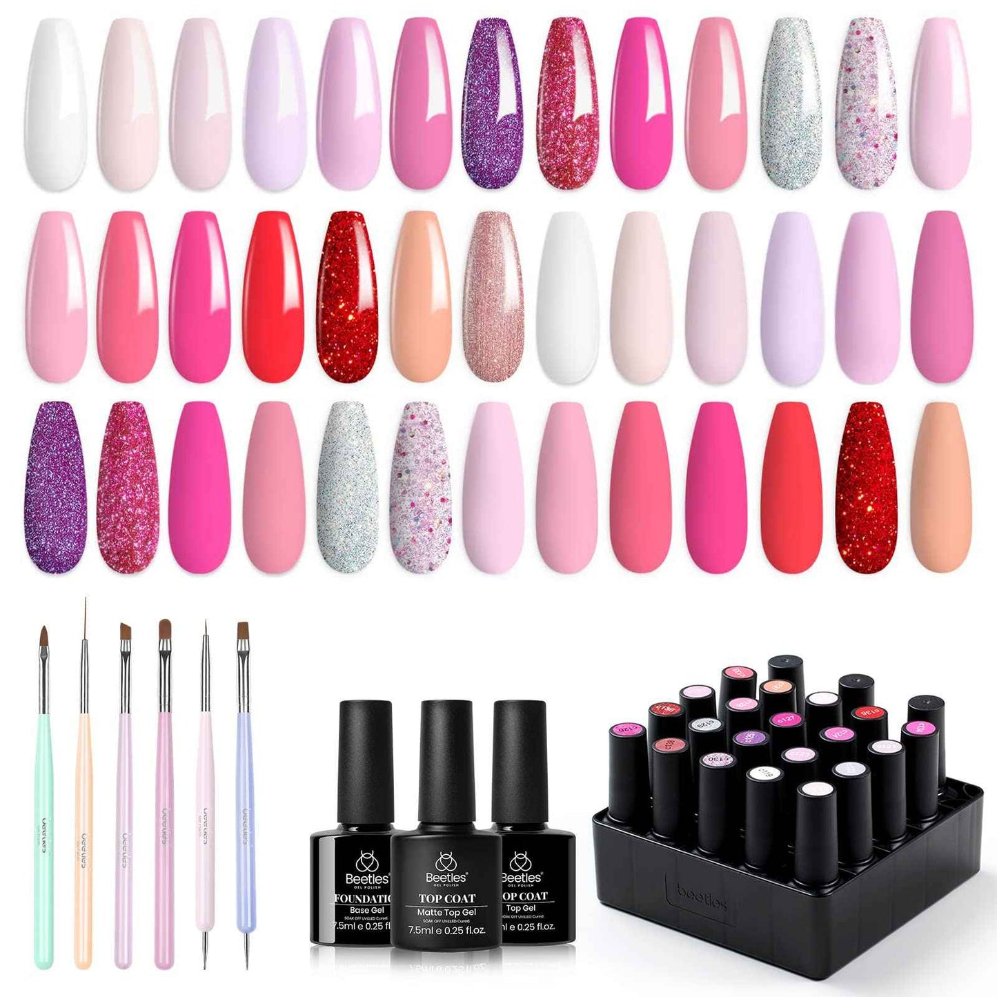 Beetles Gel Nail Polish Kit 20 Colors Nude Pink Purple Glitter Red Manicure Kit and Nail Art Brushes Set Gel Polish Nail Art Design Pen Painting Tools.