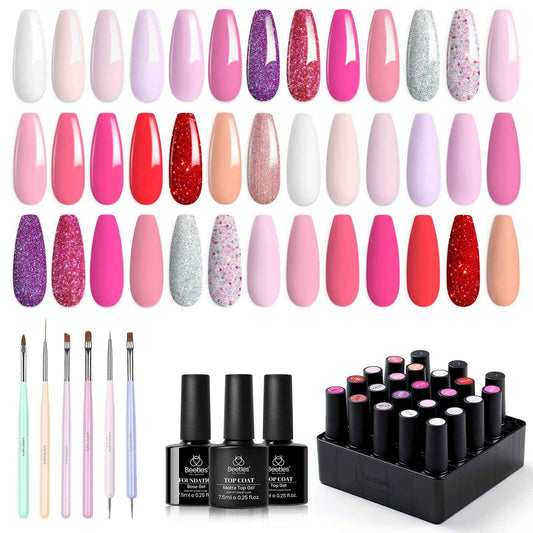 Beetles Gel Nail Polish Kit 20 Colors Nude Pink Purple Glitter Red Manicure Kit and Nail Art Brushes Set Gel Polish Nail Art Design Pen Painting Tools.