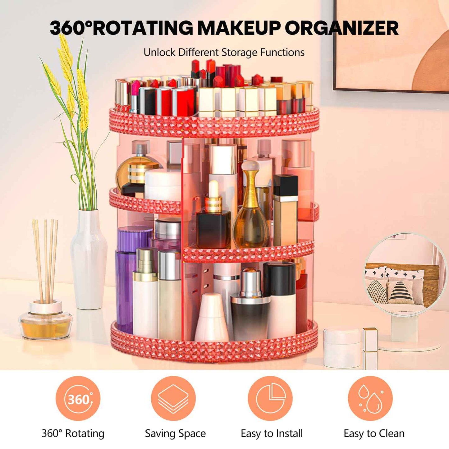 HEMTROY 360 Degree Rotating Makeup Organizer, Extra Large Capacity Perfume Holder, Removable 7 Layers Cosmetics Organizer, Make Up Organizer For Countertop Storage Skincare or More (Pink)