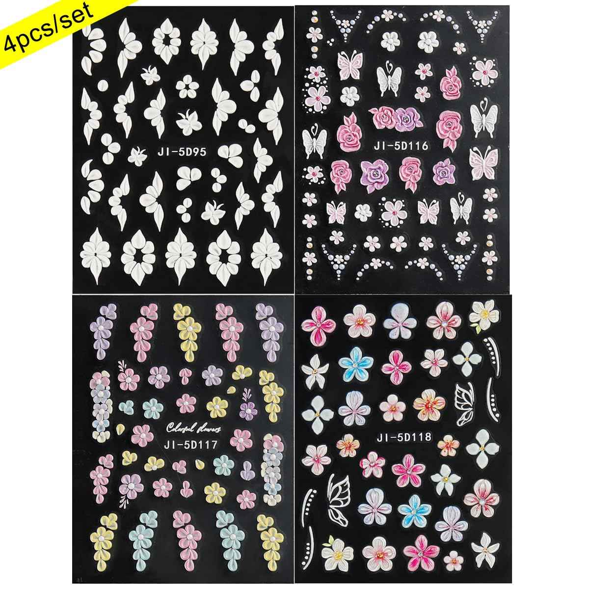 Fcozpjk Flowers Nail Stickers 4 Sheets 5D Embossed Floral Nail Decals, Summer Neon Nail Design, 3D Acrylic Engraved Hibiscus Flowers Rose Butterfly Stickers for Nail Art Pegatinas Uñas