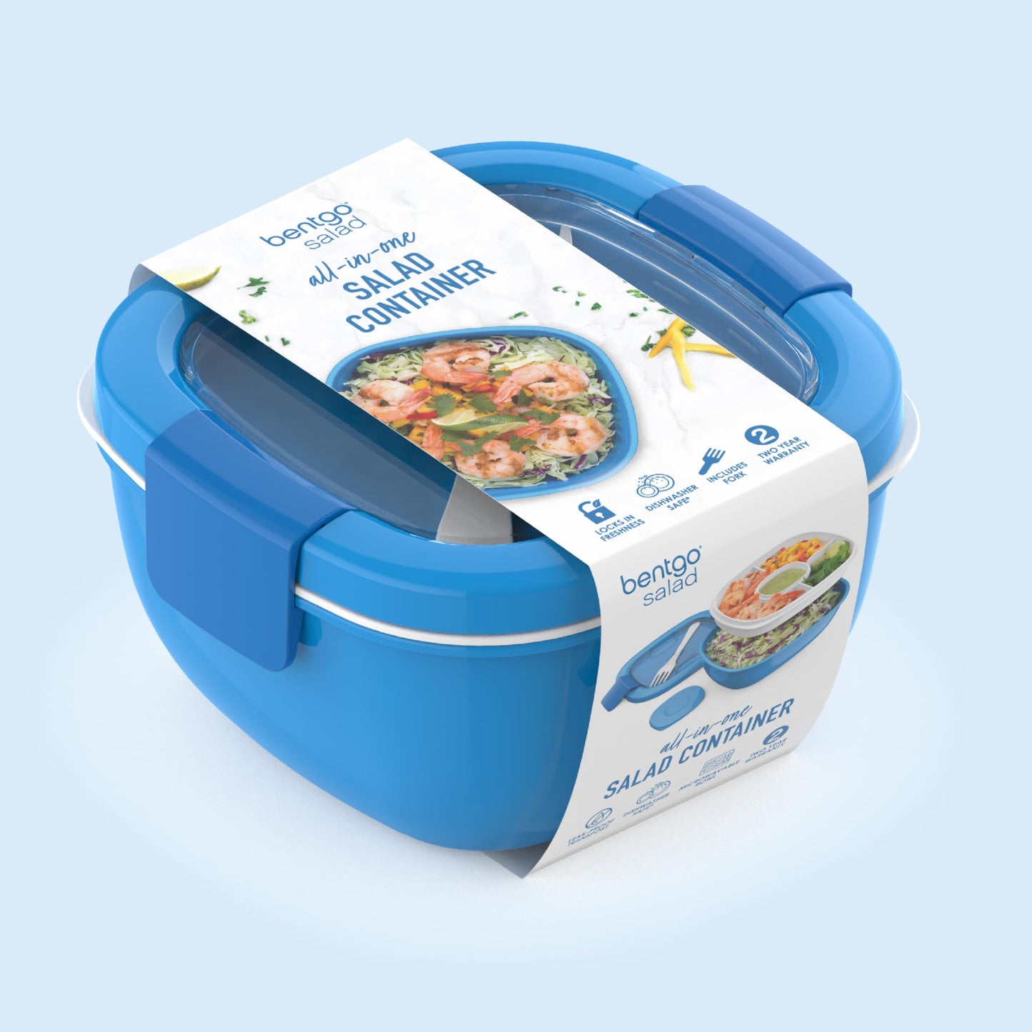 Bentgo All-in-One Salad Container - Large Salad Bowl, Bento Box Tray, Leak-Proof Sauce Container, Airtight Lid, & Fork for Healthy Adult Lunches; BPA-Free & Dishwasher/Microwave Safe (Blue)