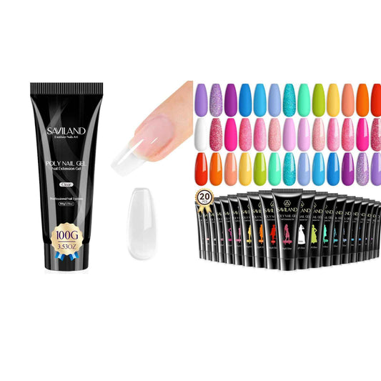 SAVILAND Ultimate Poly Gel Nail Duo: 20-Color Collection + 100g Clear Extension Gel Kit with Slip Solution Prep (Salon-Grade DIY Manicure Set for Nail Art & Extensions)