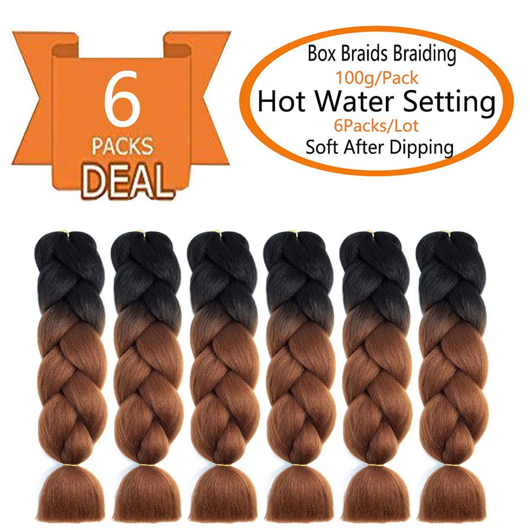 SHUOHAN 6 Packs Ombre Jumbo Braiding Hair Extensions 24 Inch High Temperature Synthetic Fiber Hair Extensions for Box Braids Braiding Hair (Black to Deep Brown)