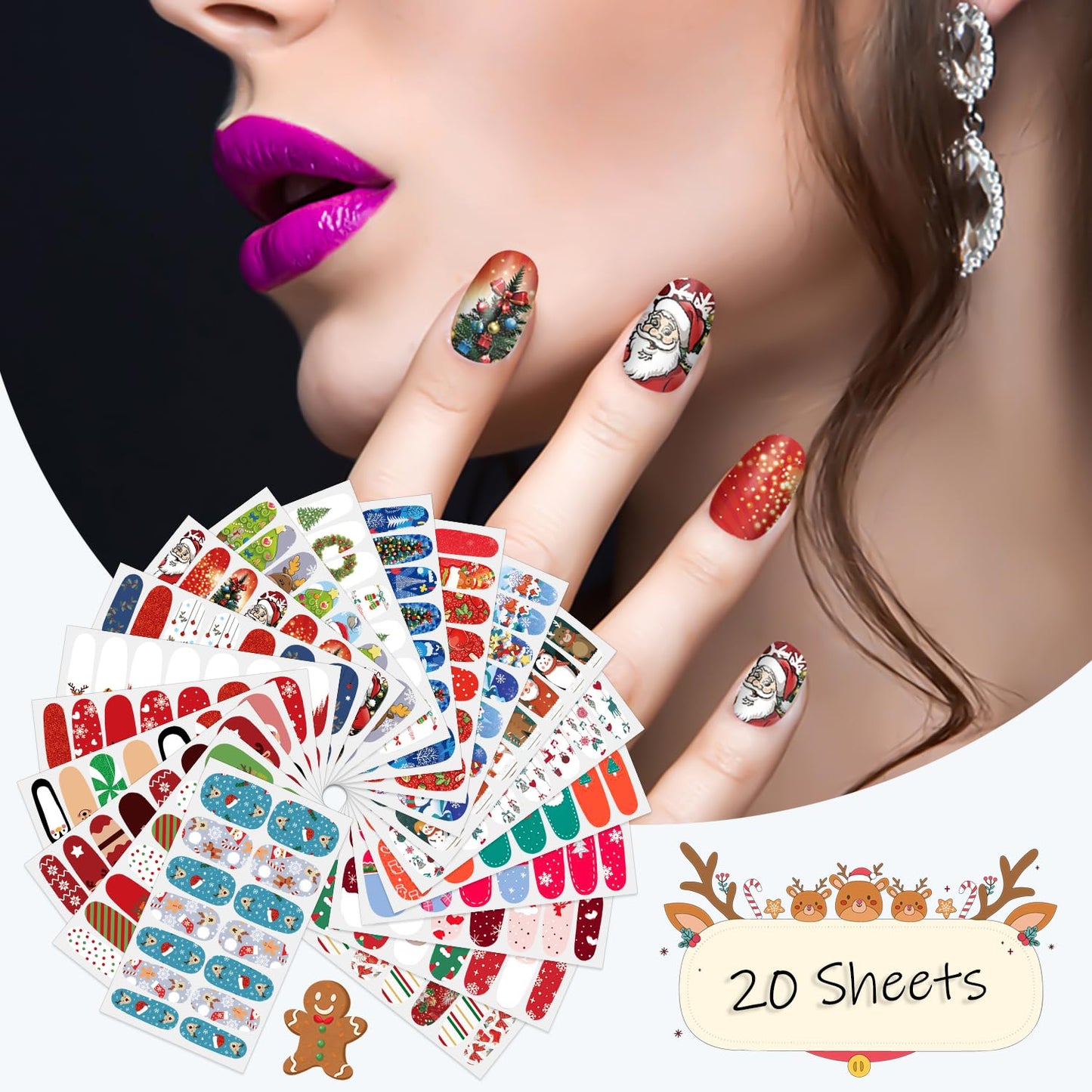 SILPECWEE 20 Sheets Christmas Nail Wraps Holiday Nail Polish Strips Gel Nail Strips Self Adhesive Nail Polish Stickers Fingernail Sticker Nails for Women Manicure Design with Nail File